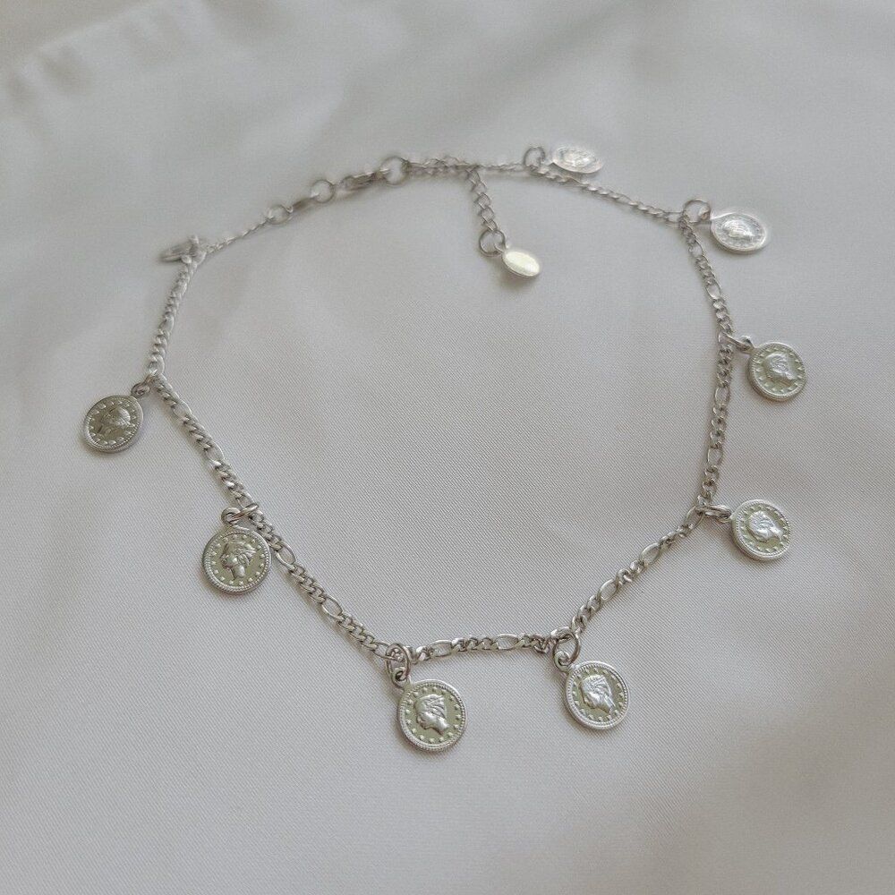 Silver Color Coin Charm Chain Anklet - Picture 3 of 5